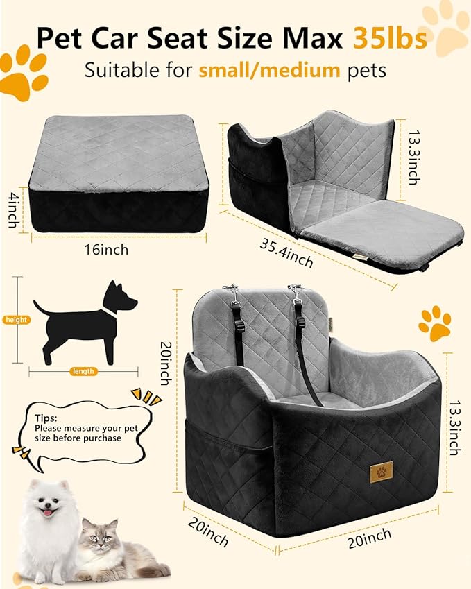 Dog Car Seat for Small/Medium Dogs Up to 35lbs, 2-in-1 Pet Car Seat with Memory Foam, Detachable Washable Dog Bed for Cars, Pet Booster Carseat with Storage Pockets Fits Front/Back Seats (Black/Grey)