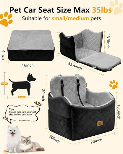 Dog Car Seat for Small/Medium Dogs Up to 35lbs, 2-in-1 Pet Car Seat with Memory Foam, Detachable Washable Dog Bed for Cars, Pet Booster Carseat with Storage Pockets Fits Front/Back Seats (Black/Grey)