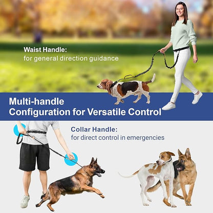 Hands Free Dog Leash - Dog Collar with Adjustable Waist Belt, 2 Bungees Shock Absorbing, Dual Handles for Walking Running Jogging, Reflective Knitted
