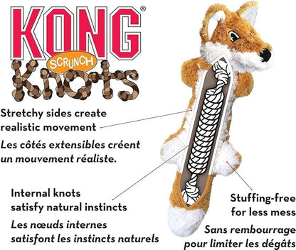 KONG Scrunch Knots 2 Pack Dog Toy – Stuffing-Free Plush with Internal Knotted Ropes & Squeaker – Durable Tug & Chew Toy (Squirrel, Medium/Large)