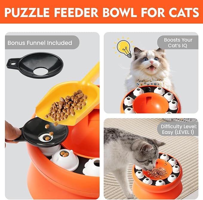 Cat Puzzle Feeder Slow Food Bowl – Interactive Slow Feeder Bowl for Indoor Cats, Treat Dispensing Enrichment Toy,Mental Stimulation and Boredom Relief (Orange)