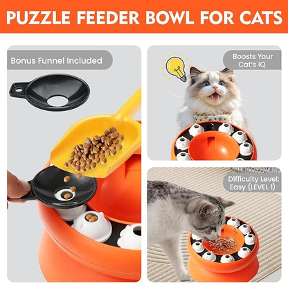 Cat Puzzle Feeder Slow Food Bowl – Interactive Slow Feeder Bowl for Indoor Cats, Treat Dispensing Enrichment Toy,Mental Stimulation and Boredom Relief (Orange)