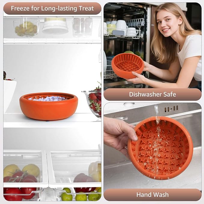 Dog Lick Bowl, ZOURYNUA Non-Slip Slow Feeder Dog Bowls, Enrichment Licking Mat for Distraction, Anxiety Relief Treat Dispenser Freezer, BPA Free Silicone & Dishwasher Safe (Orange, Small)