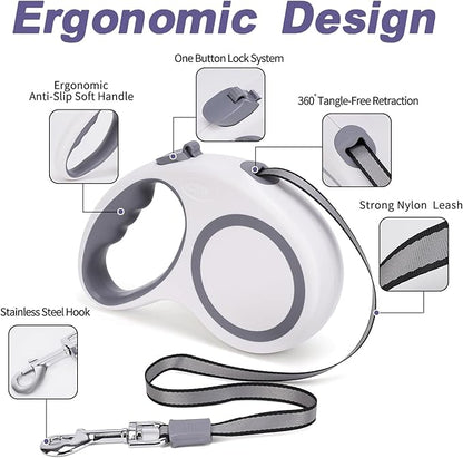 Retractable Dog Leash, 16 FT Retractable Leash for Dogs 0-55 lbs, Strong Nylon Tape No Tangle, One-Handed Brake, Pause, Lock, Perfect for Medium Large Dogs, White