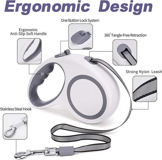 Retractable Dog Leash, 16 FT Retractable Leash for Dogs 0-55 lbs, Strong Nylon Tape No Tangle, One-Handed Brake, Pause, Lock, Perfect for Medium Large Dogs, White