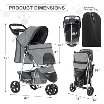 MoNiBloom 3 Wheels Pet Dog Cat Stroller for Small Medium Dogs and Cats, Lightweight Foldable Jogger Stroller w/Storage Basket and Cup Holder, Gray