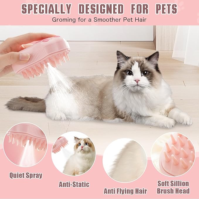 Steamy Cat Brush, 3 in 1 Cat Steamy Brush, Electric Cat Steam Brush, Cat Grooming Brush Silicone Self Cleaning Steam Brush for Massage,Clean and Removing Loose Hair