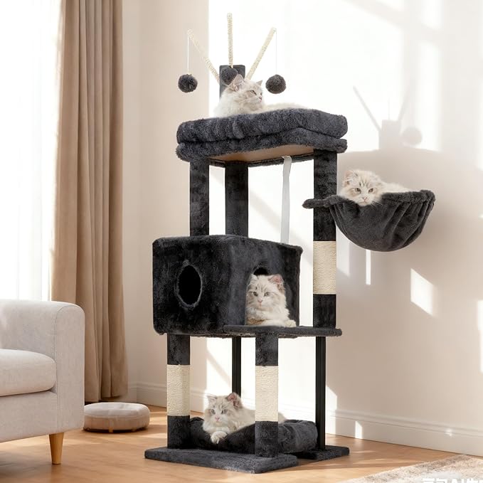 Heybly Cat Tree, 45.3-Inch Cat Tower for Indoor Cats with Large Perch, All-in-One Cat Furniture with Cozy Bed, Hidden Space Cat Condo, Comfy Hammock, Scratching Posts & 3 Pompoms, Smoky Gray HCT202SG