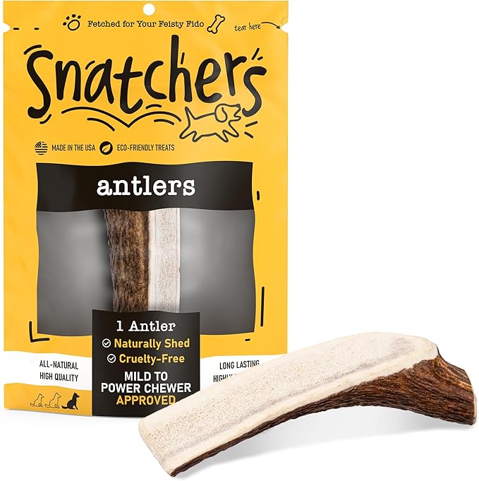Snatchers Split Elk Antlers for Mild to Aggressive Chewers – Durable, Naturally Shed Antlers for Dogs Processed in The USA, No Additives (Large, 7-8", 1 Count)
