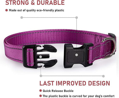 Reflective Dog Collar with Buckle Adjustable Safety Nylon Collars for Small Medium Large Dogs, Purple M