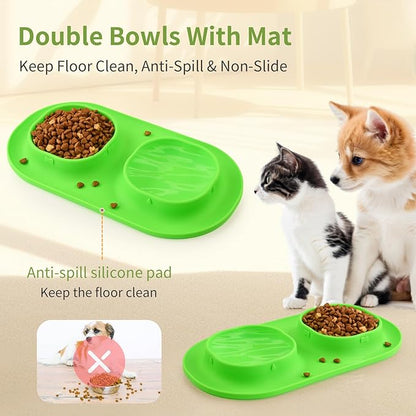 Small Size Puppy Dog Bowls: Food and Water Bowls Set for Small Dogs, No-Spill Non-Skid Dog Dish, Green