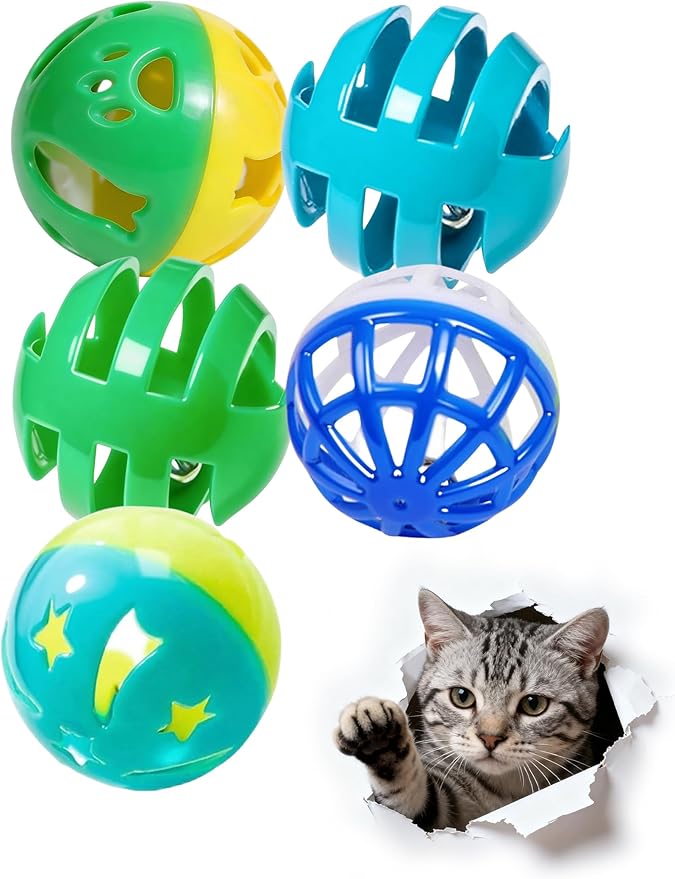 5 Pcs Cat Toy Bells Balls for Indoor Kitten, PP Material, Interactive Cat Toys with Bell, Assorted Styles for Cats Play and Chew (1.5'')