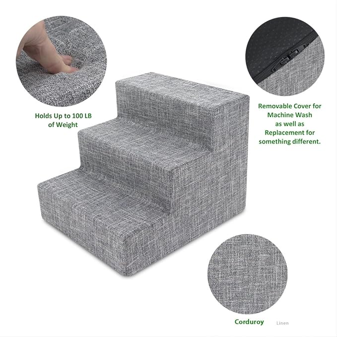 Best Pet Supplies Dog Stairs for Small Dogs & Cats, Foam Pet Steps Portable Ramp for Couch Sofa and High Bed Non-Slip Balanced Indoor Step Support, Paw Safe No Assembly - Ash Gray Linen, 3-Step