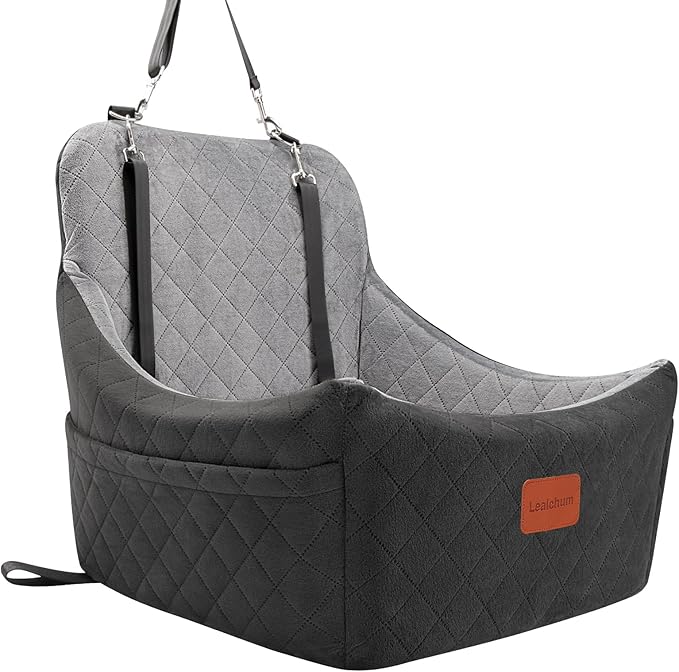 Lealchum Dog Car Seat for Medium Dogs Up to 40lbs,Fully Detachable and Washable,Memory Foam Covered Soft Fabric,Easy to Install with Adjustable Straps,Anti-Slip Base,2 Side Pockets(Black/Grey,Medium)