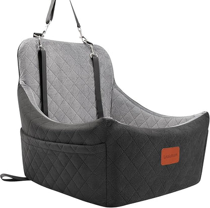Lealchum Dog Car Seat for Medium Dogs Up to 40lbs,Fully Detachable and Washable,Memory Foam Covered Soft Fabric,Easy to Install with Adjustable Straps,Anti-Slip Base,2 Side Pockets(Black/Grey,Medium)