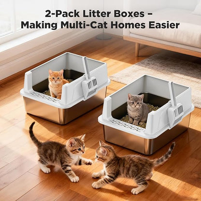 FURTIME 2 Pack Stainless Steel Cat Litter Box with Lid, Metal Kitty Litter Box for Small Cats, Kitten Litter Boxs with Non-Sticky, Anti-Leakage, Easy to Clean, 17"x13"x8.4" (Small)