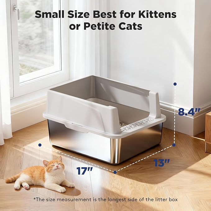 FURTIME 2 Pack Stainless Steel Cat Litter Box with Lid, Metal Kitty Litter Box for Small Cats, Kitten Litter Boxs with Non-Sticky, Anti-Leakage, Easy to Clean, 17"x13"x8.4" (Small)