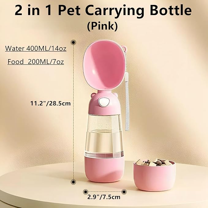 Portable Dog Water Bottle for Walking, Leak Proof 2 in 1 Water and Food Dispenser, BPA Free Pet Travel Water Bottle for Hiking, Lightweight Puppy Outdoor Drinking Bowl (Pink)
