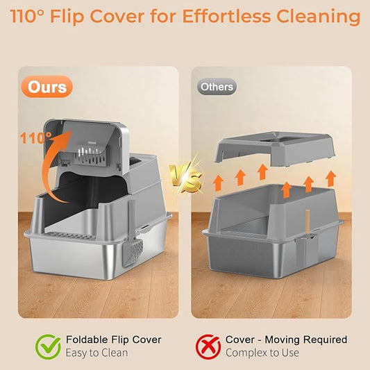 URPOWER Stainless Steel Cat Litter Box with Lid 110° Flip-Top Extra Large Enclosed Litter Box Non-Sticky Metal Pan with High Sided & Scoop, Odor Free, Front & Top Entry, Anti-Leakage, Easy Cleaning