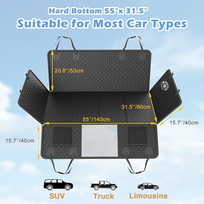 Back Seat Extender for Dogs, PU Leather Hard Bottom Truck Dog Seat Cover for Back Seat, Waterproof Pet Hammock Bed for Car with Side Flap, High Barrier Truck Pet Back Seat Covers