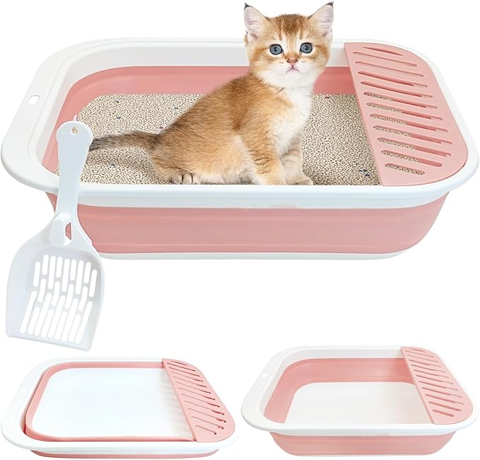 Fhiny Kitten Litter Box Portable Shallow Litter Box 17.7"x13.4"x4.9" Foldable Cat Toilet with Scoop Open Kitty Potty Pan with Litter Drop Pedal Easy to Clean Travel Kitten Toilet(Pink)