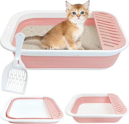 Fhiny Kitten Litter Box Portable Shallow Litter Box 17.7"x13.4"x4.9" Foldable Cat Toilet with Scoop Open Kitty Potty Pan with Litter Drop Pedal Easy to Clean Travel Kitten Toilet(Pink)
