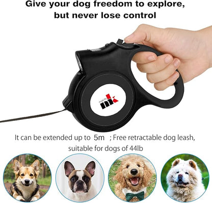 Retractable Dog Leash with LED Light Makife 5m Extendable Dog Lead for Small Medium Puppis up to 25kgs, One-Hand Brake & Lock System, Ergonomic Handle - Black