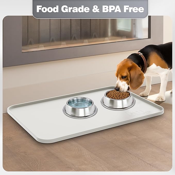 Silicone Dog Food Mat, Waterproof Anti-Slip Pet Feeding Mat with Warped Resistant Raised Edge,Spill-Proof Lip Floor Protection,Dishwasher-Safe Pet Placemat for Dogs & Cats(M 20" x 14" Sand White)