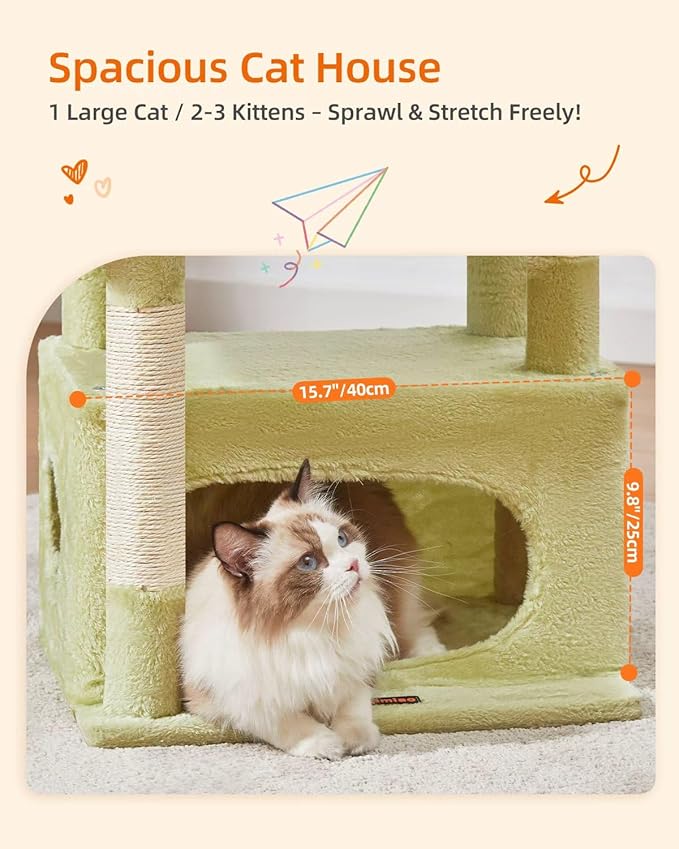 Taoqimiao Cat Tree,38.5-Inch Cat Tower for Indoor Cats,Suitable for Kittens with Luxurious cat condo with Adjustable Baskets and Luxurious Perch MS029SGB Green and Beige