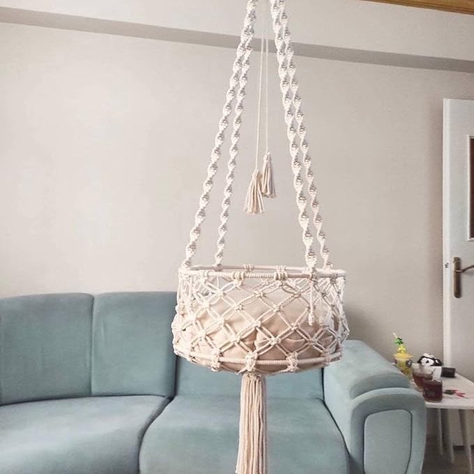 47.24in Macrame Cat Hammock - Hanging Cat Bed with Handwoven Cotton Rope, Boho Wall Mounted Swing & Perch for Play Rest, Home Decor Gift (120cm/47.24in)