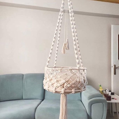 47.24in Macrame Cat Hammock - Hanging Cat Bed with Handwoven Cotton Rope, Boho Wall Mounted Swing & Perch for Play Rest, Home Decor Gift (120cm/47.24in)