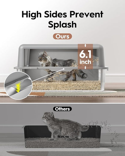 Stainless Steel Cat Litter Box, Extra Large High Sided Litter Boxs for Big Cats, XL Metal Litter Box with Lid, Non Stick, No Smell, Easy to Clean, Included Scoop