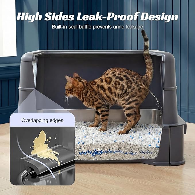 Stainless Steel Enclosed Cat Litter Box with Lid and Mat, Extra Large Kitty Litter Box with Drawer, Front & Top Entry Metal Cat Box for Big Cats, Odor Control, Easy to Clean, Grey