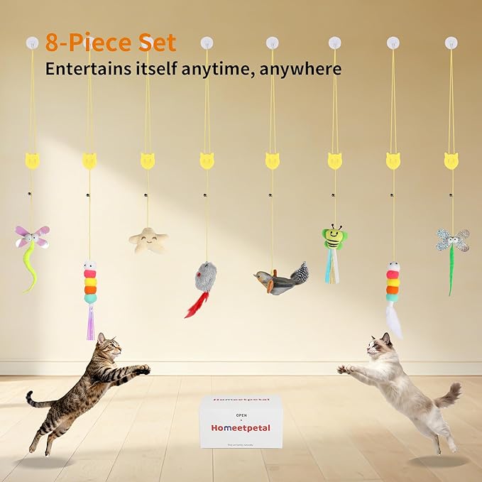 Interactive Feather Cat Toy 8-Piece Set | Indoor Hanging Elastic Rope with Adjustable Height,Delivers Diverse Stimulation for Cats' Play, Jumping & Boredom Relief