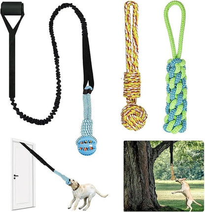 Dog Bungee Toy,Interactive Pull Toy for Self Play,Indoor Flirt Pole Hang Frame, Tether tug Outdoor Dog Toy for Yard Tree, with 3 Pieces Play Chew Rope Gift for Puppy Small Medium Dogs