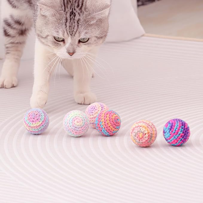 Woolen Yarn Cats Ball Toy with Bell Inside, 6Pcs Colorfull Hand-Knitted Indoor Cat Toys Jingle Bell Balls, Kitten Interactive Toys for Hunting/Kicking/Chasing