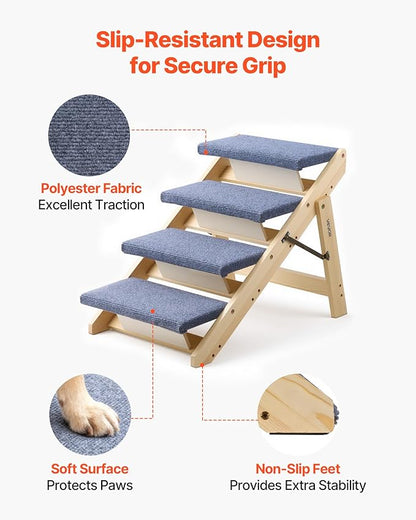 VEVOR Wood Pet Stairs, 4-Step Dog Stairs for Beds, Sofa & Cars, 150lbs Load Capacity, Floded Flat Design, Stable & Sturdy Cat & Dog Step Ladder for Small Medium Large Older Pet Puppy Essentials