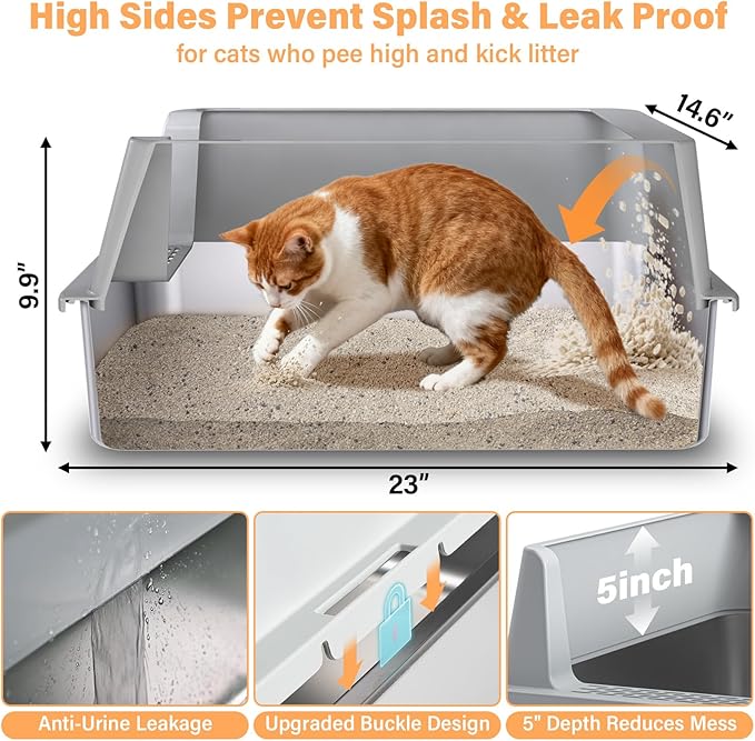 Stainless Steel Cat Litter Box, XL Cat Litter Box with Lid for Big Cat, Extra Large Metal Litterbox with High Side，Non-Stick, Odor-Resist, Anti-Urine Leakage, Easy-Clean, Includes Mat & Scoop