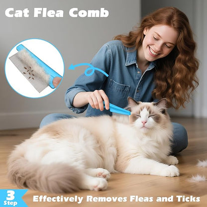Comotech 3PCS Cat Grooming Supplies,Cat Brush & Nail Clipper/Trimmer & Flea Comb for Shedding Indoor Cats Dogs and Small Animals - Meet All Your Pet's Daily Grooming Needs - All in One Set (Blue)