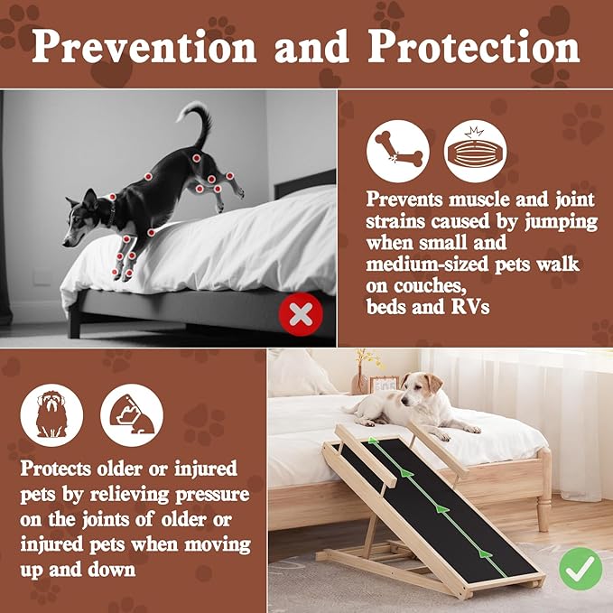 Dog Ramp for Bed, Couch, Car, Folding Pet Ramps 44.48" Long Adjustable 15"-22" Wooden Stairs with Anti-Slip Rubber Mat & Safety Side Rails for Small & Medium Old Dogs & Cats, up to 200 lbs