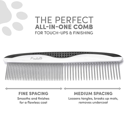 Poodle Pet Dog Combs for Grooming | 2 Pack | Stainless Steel Teeth Easily Remove Dirt | Proper Care Prevents Knots and Mats for Long and Short Haired Pets | Anti-Slip Comfort Grip Handle (Black)