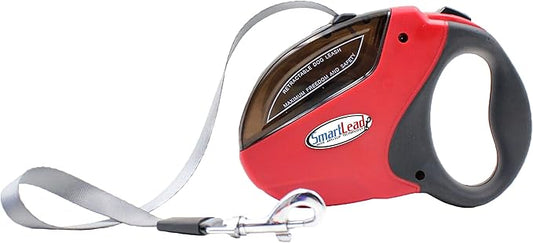 SmartLead Retractable, Reflective, Heavy-Duty 16-Foot Nylon Dog Leash, Tangle Free, Anti-Slip Brake Technology, Easy Grip Handle, Good for Dogs up to 110 Pounds – Red