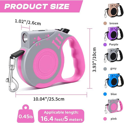 Retractable Dog Leash with USB Rechargeable Flashlight for Night Walks, 16FT Automatic Telescopic Tractor Dog Leash for Small and Medium Dogs, Pink