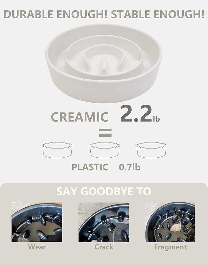 Ceramic Slow Feeder Dog Bowls, 2.0 Cups Slow Feeder for Medium Dogs, Puzzle Maze Bowl to Slow Down Eating, 30oz, 8in, White