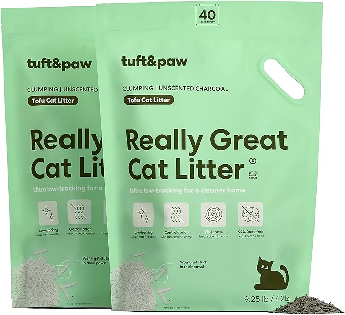 Tuft & Paw Really Great Cat Litter, Ultra Low Tracking Tofu Cat Litter, Clumping, Flushable, Odor Control, Dust-Free, Unscented - 9.25lbs x 2Bags (Charcoal)