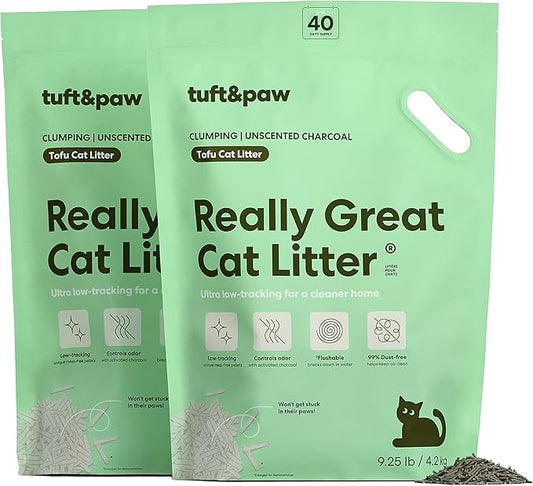 Tuft & Paw Really Great Cat Litter, Ultra Low Tracking Tofu Cat Litter, Clumping, Flushable, Odor Control, Dust-Free, Unscented - 9.25lbs x 2Bags (Charcoal)