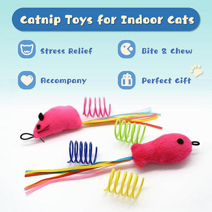 6 Pcs Fish and Mice Catnip Toys Plush Filled, Premium Cat Wand Toy Accessories with Ribbons, Interactive Catnip Toys for Indoor Cats Kitten Exercise, with 4 Pcs Cat Springs
