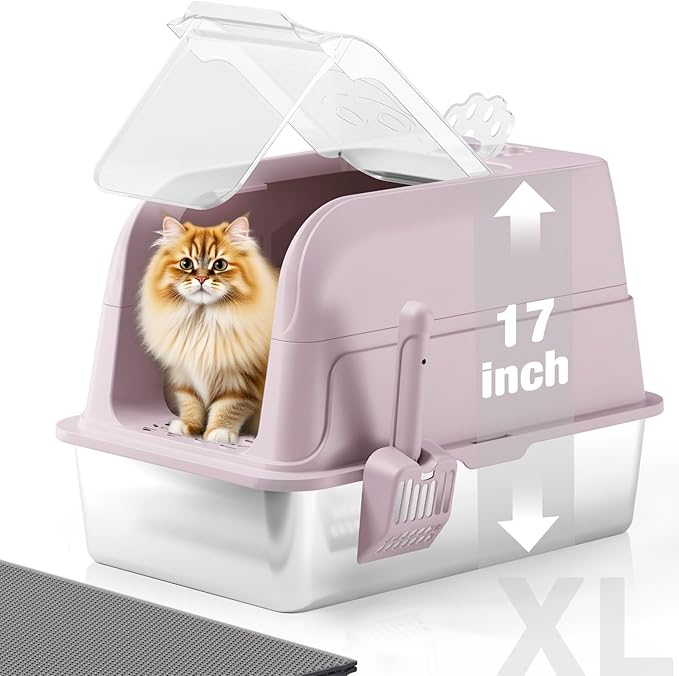 Stainless Steel Cat Litter Box Fully Enclosed Extra Large Metal High Sided Cat Box with 120° Fully Transparent See-Through Flip Lid, Scoop & Mat - Pink -XL
