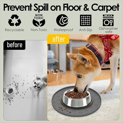 Pet Feeding Mats for Food and Water, Waterproof Anti-Slip Placemats for Dog Cat Bowl, 2 Pack Silicone Pet Food Mat, Dishwasher Safe 10.9 × 10.9 (2 Grey, Small Paws)