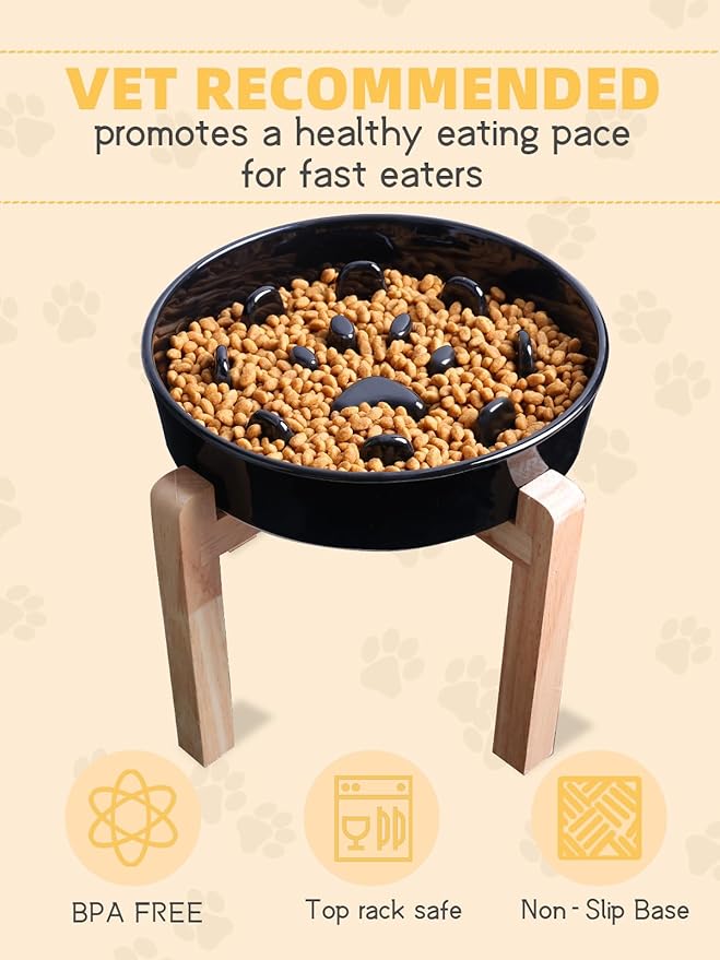 Dog Slow Feeder Bowl with Stand, Round Ceramic Pet Food Bowl for Medium Breed, Fun Raised Dog Bowls to Slow Down Eating (Black)
